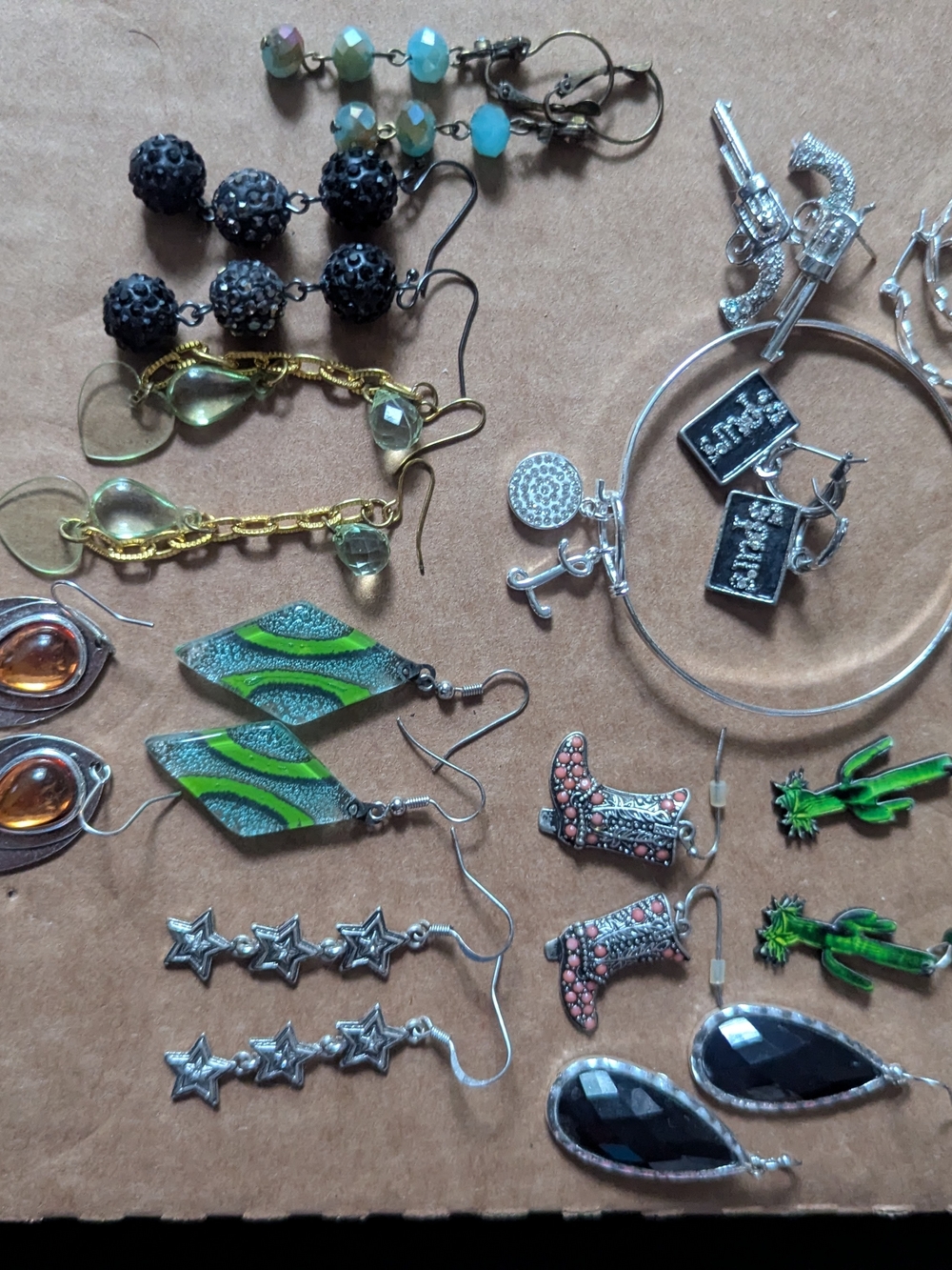 Used Mixed Earrings and Charm Jewelry Lot - Green, Black, Silver